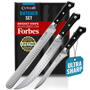 Cutluxe Butcher Knife Set, 12-Inch Brisket, 10-Inch Cimeter, 6-Inch Boning, Gray