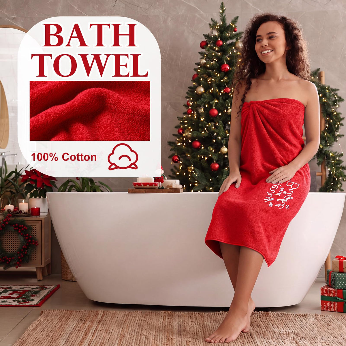 Hahafelt Cotton Bath Towel Set, 3 Piece, Red Christmas