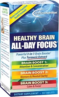 Applied Nutrition Healthy Brain All-Day Focus Cognitive Support | Focus, Memory & Mental Clarity | Powerful 3-in-1 Brain Booster with Turmeric + Ginkgo + L-Theanine | 50 Tablets