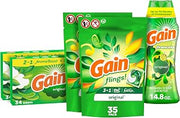 Gain Laundry Bundle: Flings Detergent Pacs (2x35ct), Dryer Sheets (2x34ct), Fireworks Scent Booster Beads (14.8 oz)