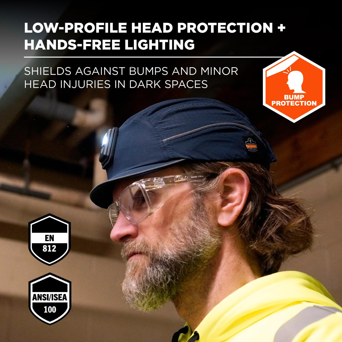 Skullerz 8965F(x) Safety Bump Cap Hat with Rechargeable LED Light by Ergodyne – One Size, Hat: 100% Polyester, Shell: HDPE, Navy, Model 23473