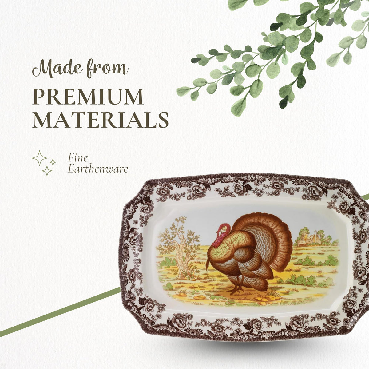 Spode Woodland Turkey Platter, Rectangular Porcelain, 17.5 Inch Brown White