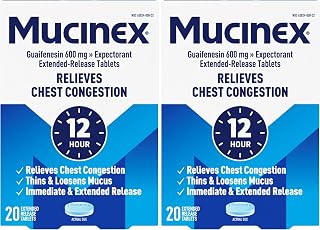 Mucinex 12 Hour 600 mg Guaifenesin Extended-Release Tablets for Excess Mucus Relief, Expectorant Aids Excess Mucus Removal, Chest Congestion Relief, 20 Bi-Layer Tablets (Pack of 2)
