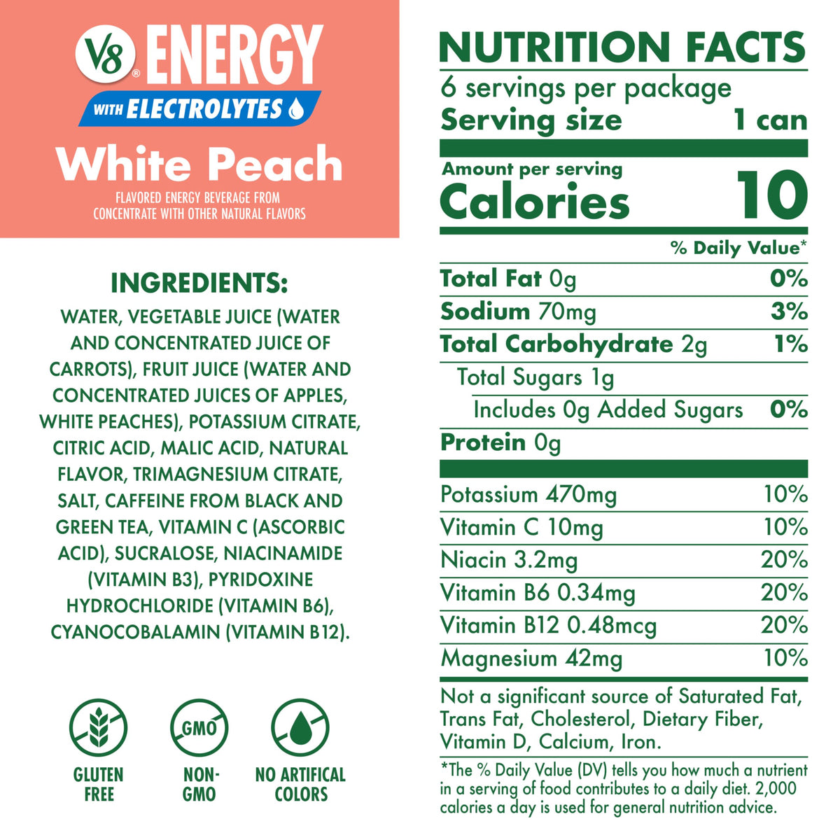Energy White Peach with Electrolytes Beverage by V8 – Pack of 6 (8 Fl Oz), Model 200000029746