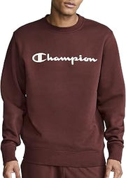 Champion Men’s Powerblend Crewneck Sweatshirt,Classic Script Logo, Bitter Chocolate, Medium