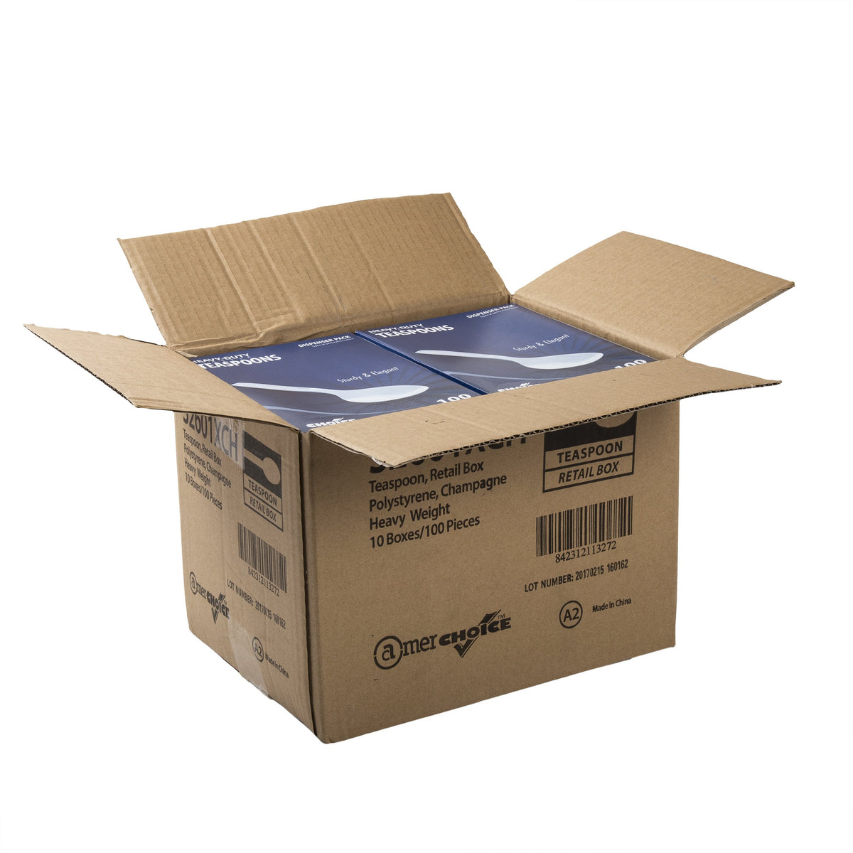 AmerCareRoyal Heavy Weight Unwrapped Disposable Polystyrene Plastic Teaspoons for Restaurants and Catering in Retail Packaging – Paper, Champagne, Pack of 1000, Model S2601XCH-C