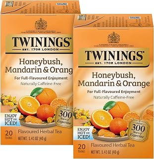 Twinings Honeybush Mandarin & Orange Herbal Tea 2-Pack (20 Tea Bags Ea) – Naturally Caffeine-Free Tea + Reusable Tea Bag Holder