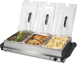 Proctor Silex Electric Buffet Server & Food Warmer With Lids | For Parties, Holidays and Entertaining | Adjustable Temp | Three 2.5 Quart Oven-Safe Chafing Dish Set | Stainless Steel