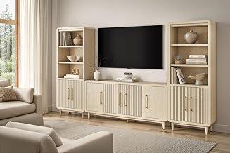 Martin Furniture Modern 72" TV Console with Two Bookcases, Four Door Entertainment Stand, Wood Accent Cabinet/Credenza, Fully Assembled, White