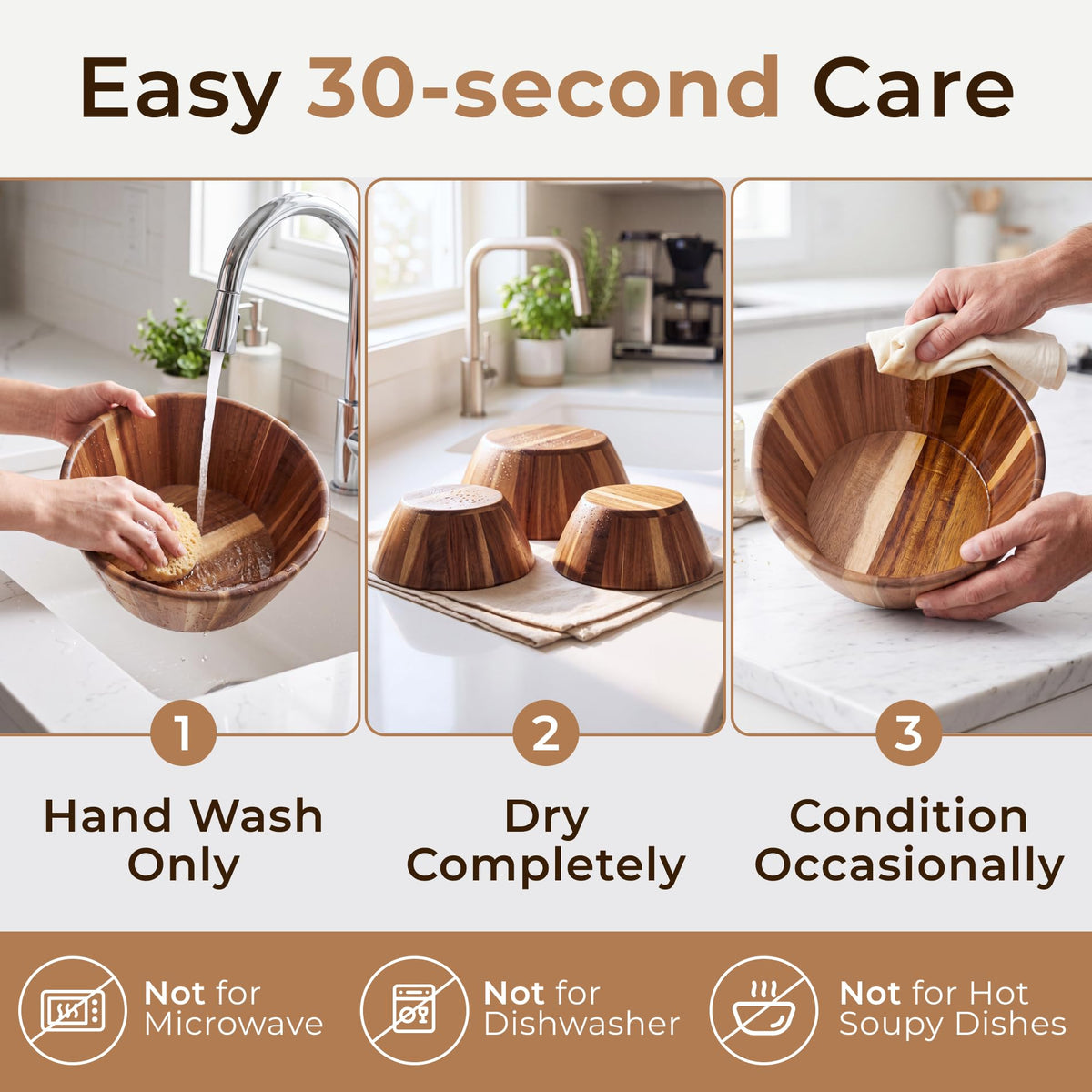 Woodenhouse Wooden Salad Bowl Set, 12 10 8 Inch Round Nesting Bowls, 3 Piece