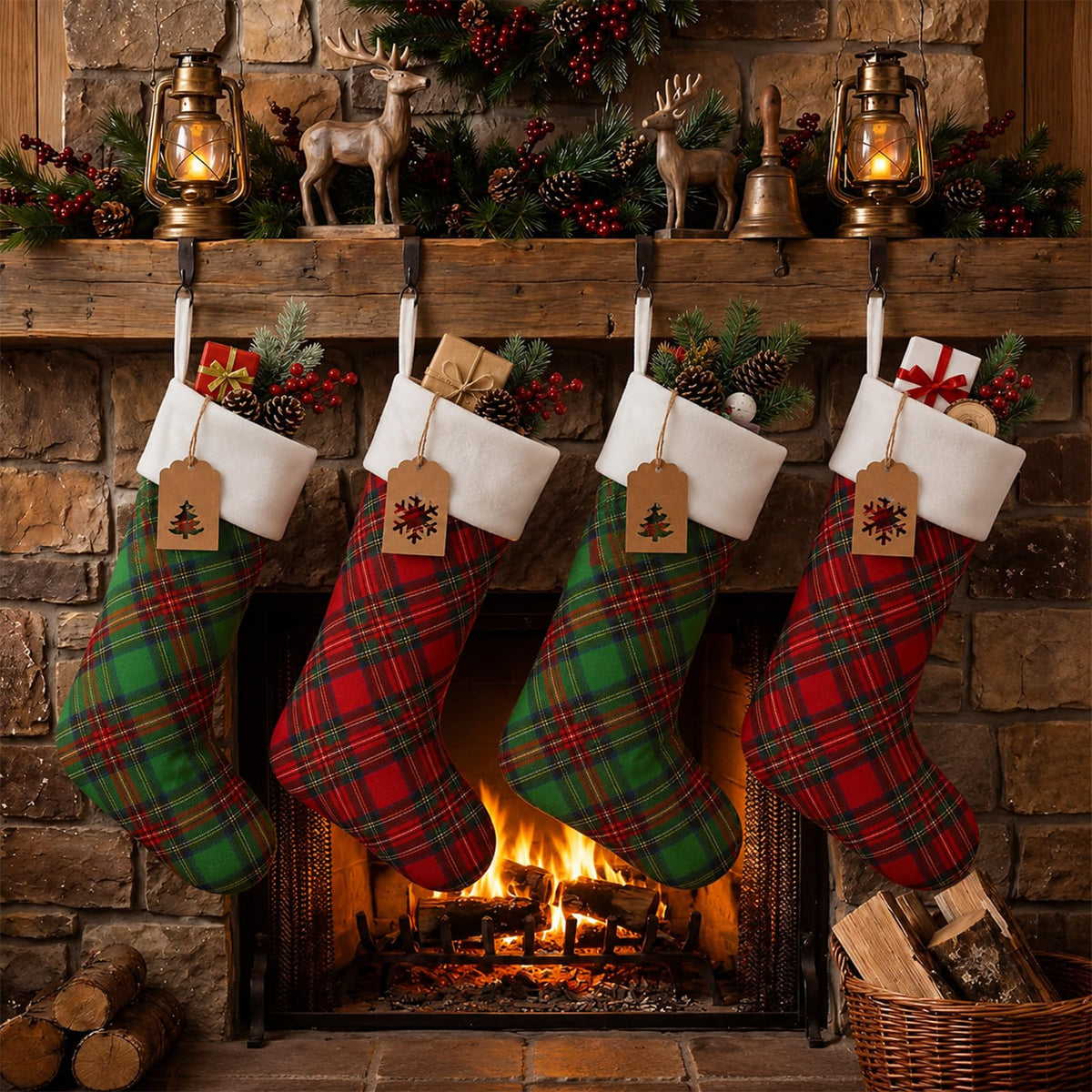 Twistover Christmas Stockings, 18 Inch Tartan Plaid Set of 12, Red Green