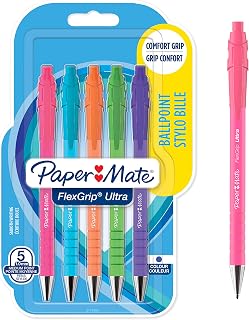 Paper Mate Flexgrip Ultra Bright Ballpoint Pens | Medium Point (1.0mm) | Blue Ink | Bright Barrels | 5 Count