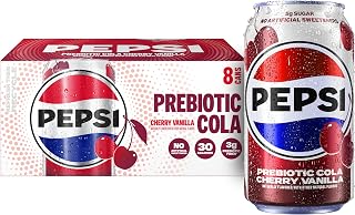 Pepsi Prebiotic Cola, Cherry Vanilla, 12 fl oz Cans (8 Pack), 30 Calories, 5g Prebiotic Fiber, 5g Sugar, Soda Pop Cola