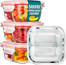 Glass Portion Control Bariatric Containers (3 Pack), 1 Cup Food Containers with Two 4 oz Compartments, 4oz Food Storage Containers for meal prep, Microwave Safe Glass Portion Containers with Lids