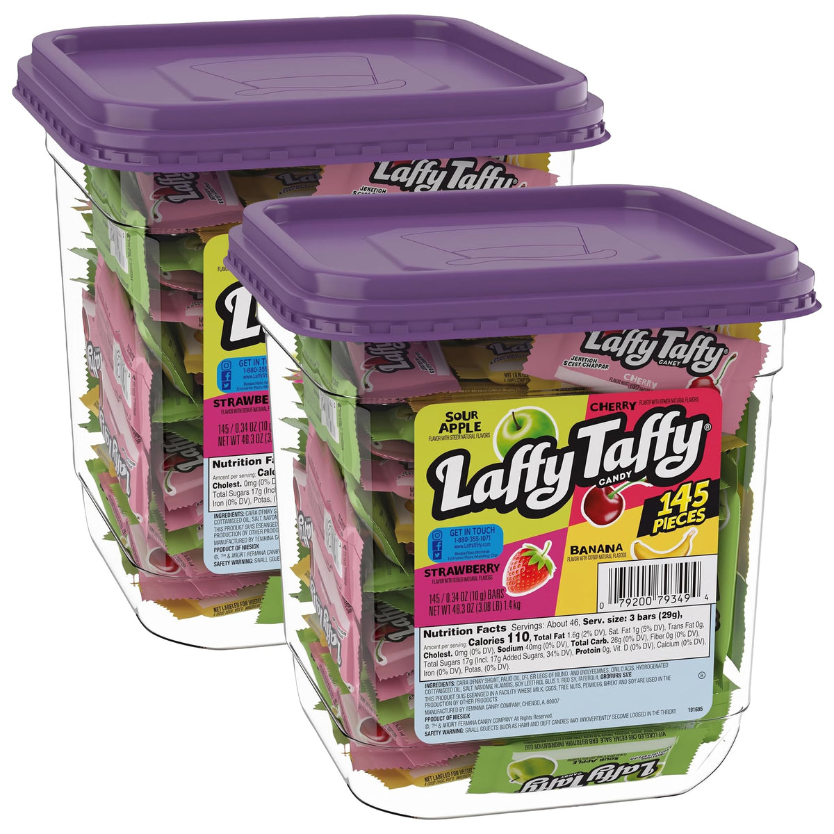Candy, Assorted Fruit Flavored, 145 Pieces, Pack of 2 | Sour Apple | Cherry | Strawberry | Banana by Laffy Taffy – 49.3 Ounce (145 Count) (Pack of 2), Assorted, Model CNLTFT145