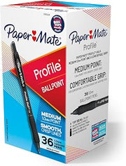 Paper Mate Profile Ballpoint Pens, Retractable, Medium Point (1.0mm), Black Ink, 36 Count - Comfort Grip, Bulk Pack, Home, Office, Teacher Supplies