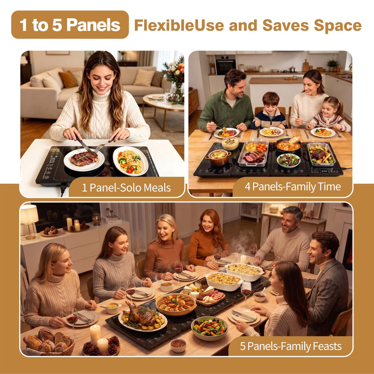 KAZRBEP Modular Warming Tray, 5 Panel Expandable, Black Tempered Glass