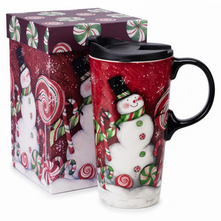 Topadorn Ceramic Coffee Mug with Lid, 17 Ounces, Candy Cane Snowman