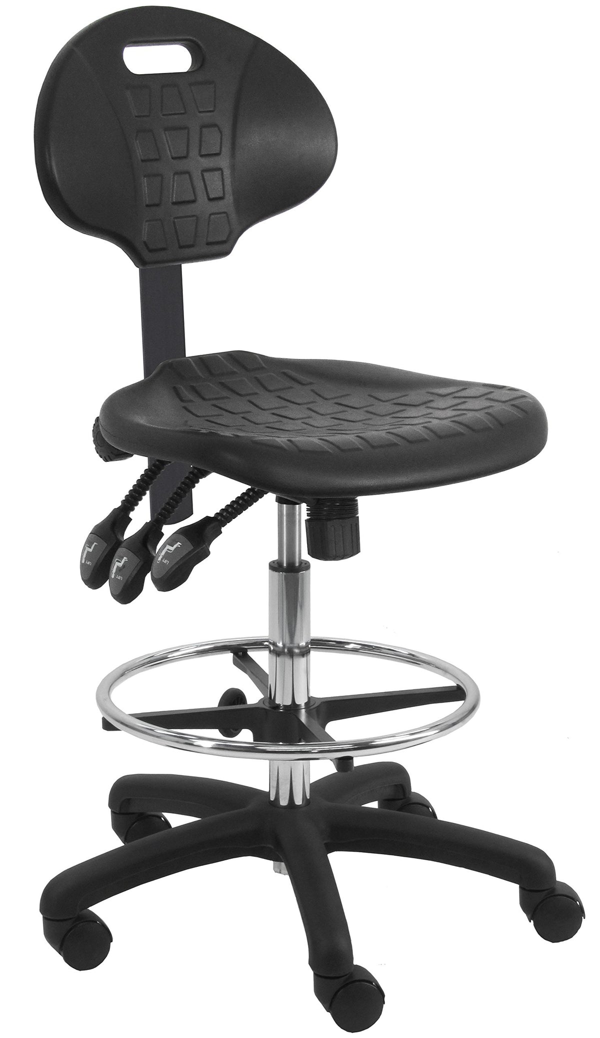 Deluxe Chrome & Firm Polyurethane Foam Chair with 18” Adjustable Footring by BenchPro – 17 inches x 18 inches x 31 inches, Polyurethane, Black and Chrome, Model LNT-UB-3L