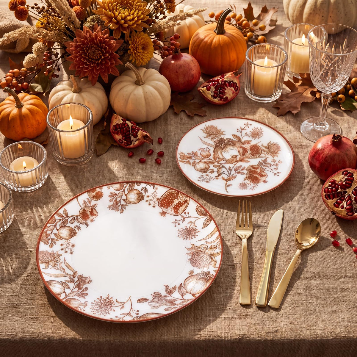 Joyido Thanksgiving Plastic Plates, Pomegranate Design, 125 Piece Set