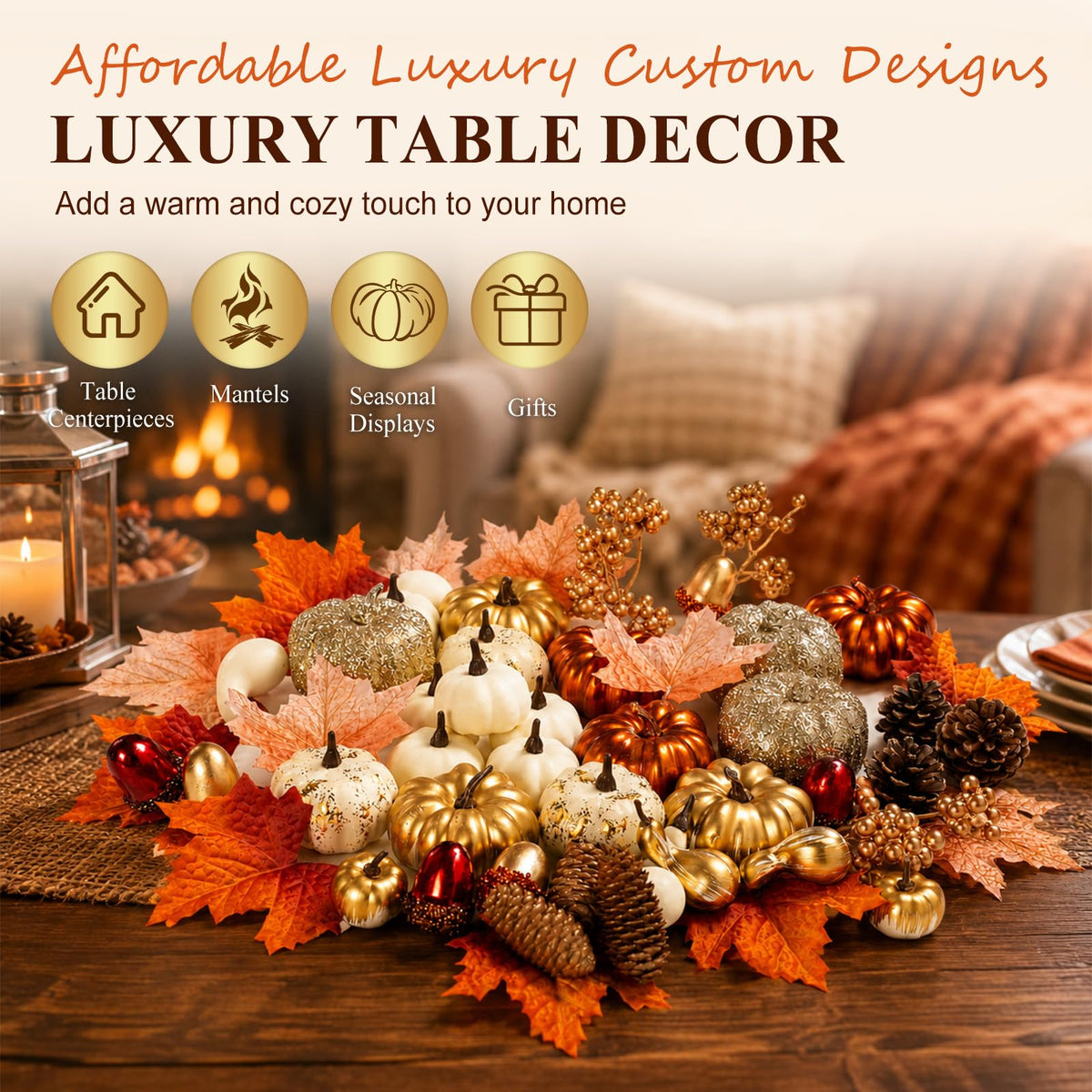 Keeplush Artificial Pumpkins Set, 52 Pieces, Gold Silver White