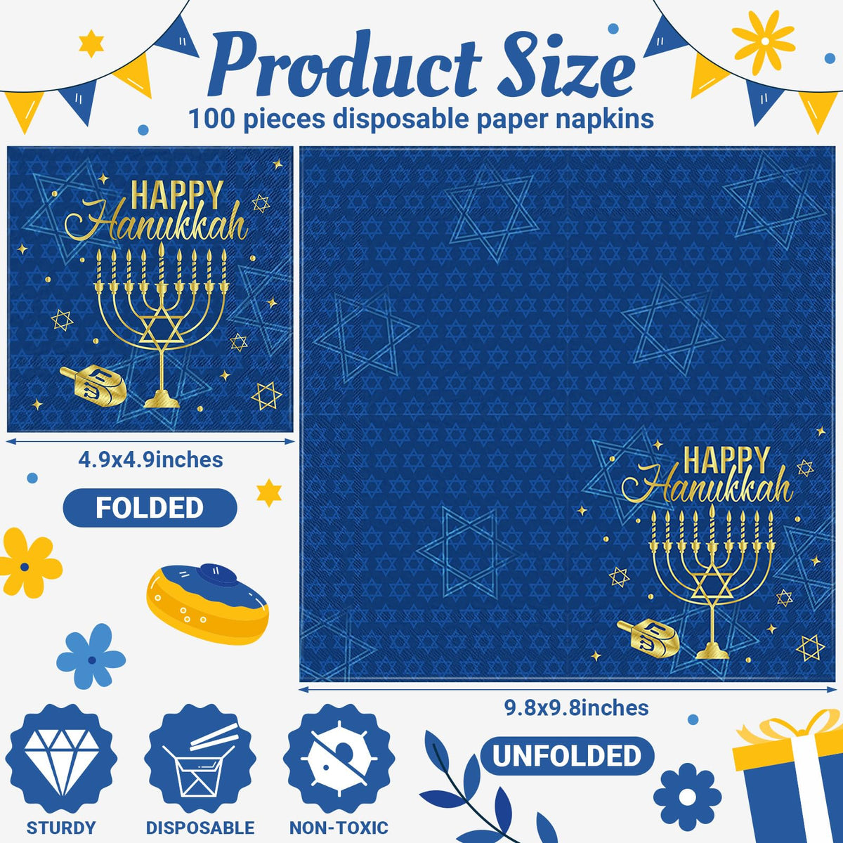 Honoson Hanukkah Napkins, 100 Count Paper Cocktail, Blue Gold