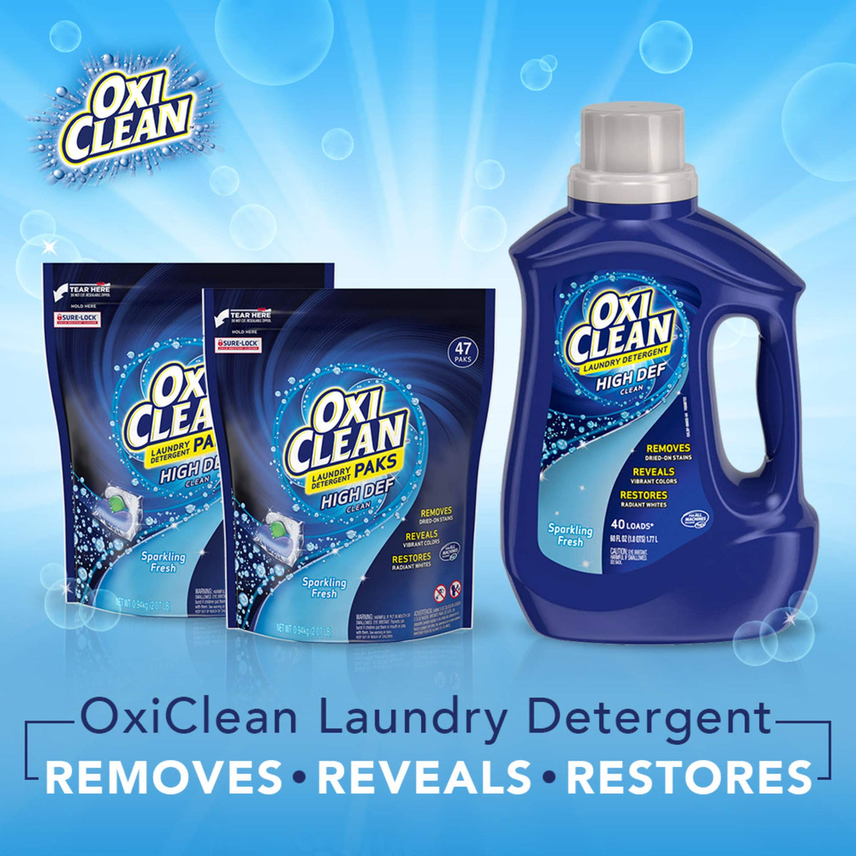High Def Sparkling Fresh Liquid Laundry Detergent by OxiClean – 60 Fl Oz (Pack of 1), Blue