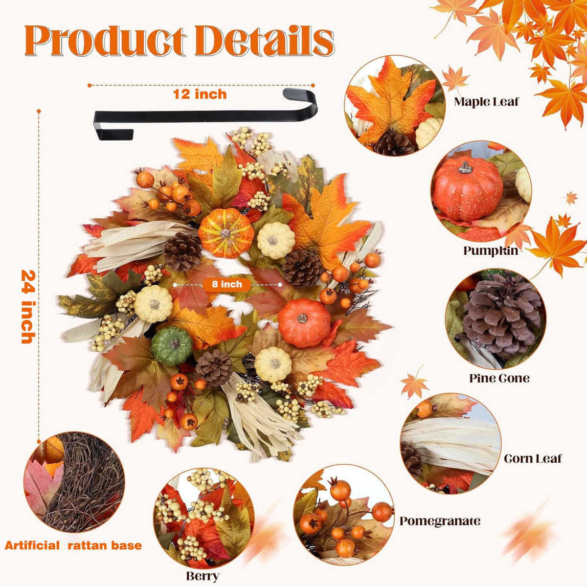 Antizz Autumn Wreath, 24 Inch Diameter, Multicolor Pumpkin Maple