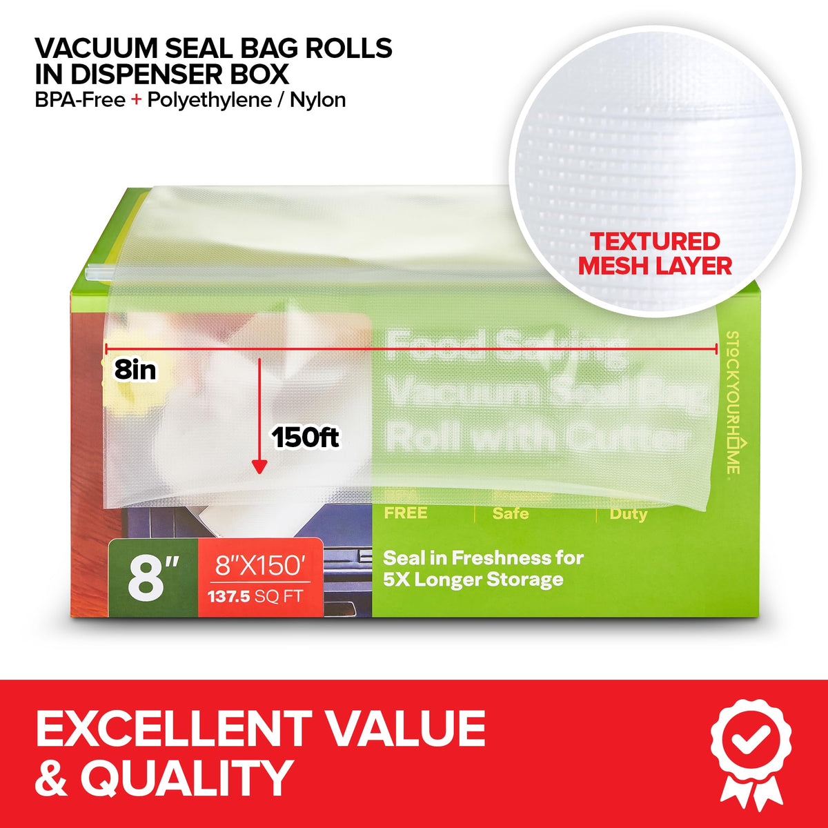 8 x 150 Foot Vacuum Seal Bag Rolls in Dispenser Box Vacuum Sealer Bags for External Strip Machines Freezer Microwave and Boil Safe 9 Pack by Stock Your Home – Model SYH-3889-Case