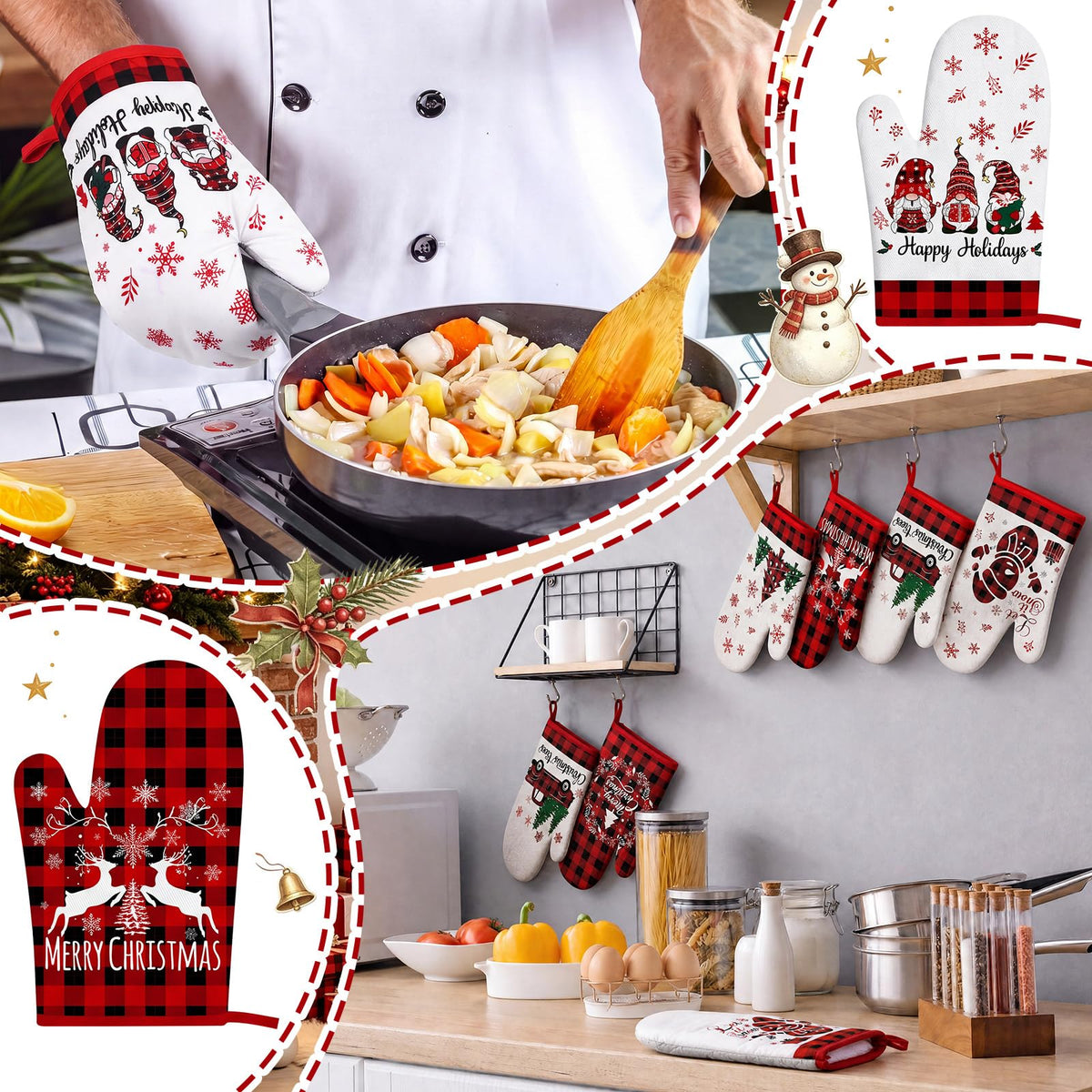 Sratte Christmas Oven Mitts, 12 Pack, Multicolored Plaid Santa Joy