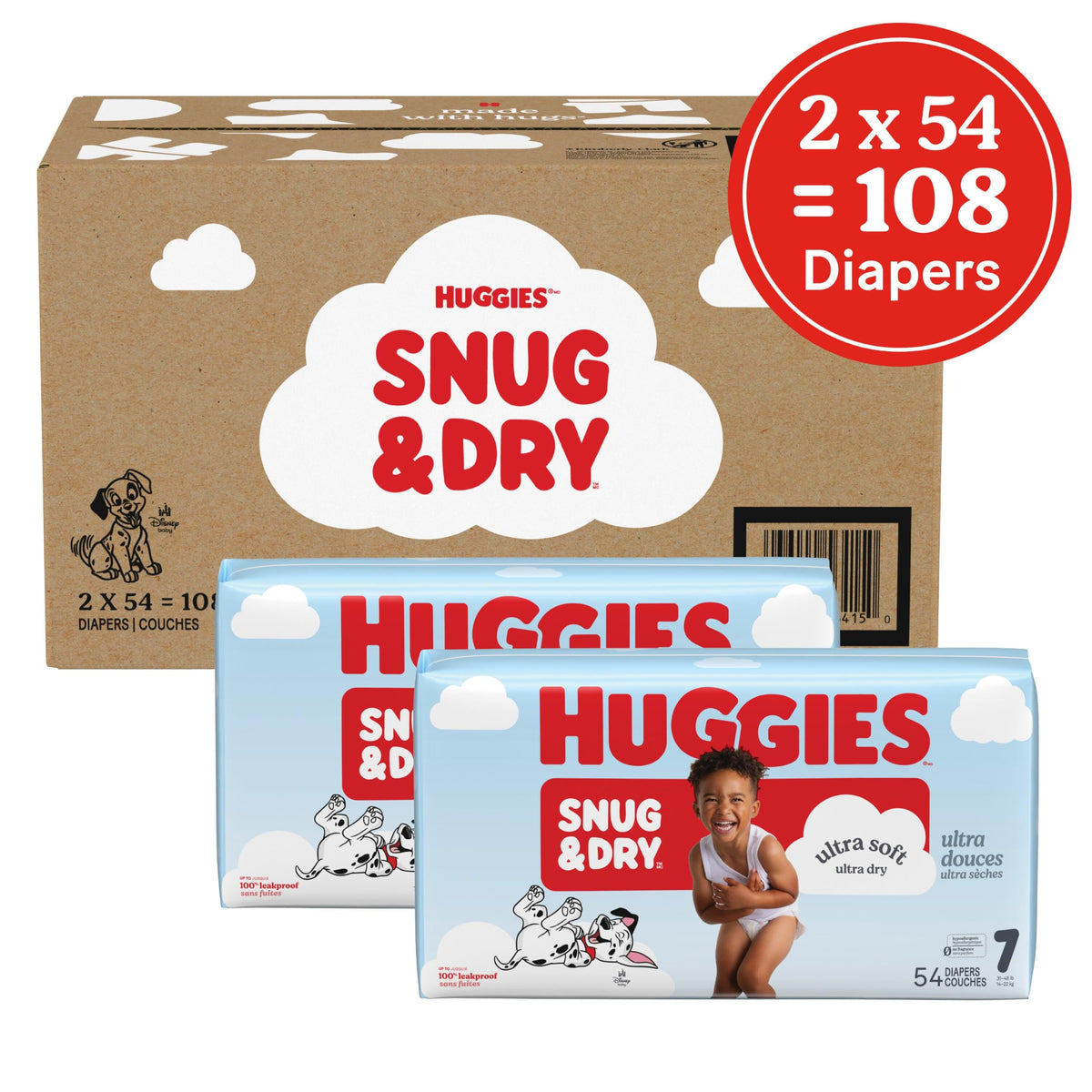 Snug & Dry Diapers Size by HUGGIES – Size 7, Pulp, White, Pack of 108, Model 00036000564150