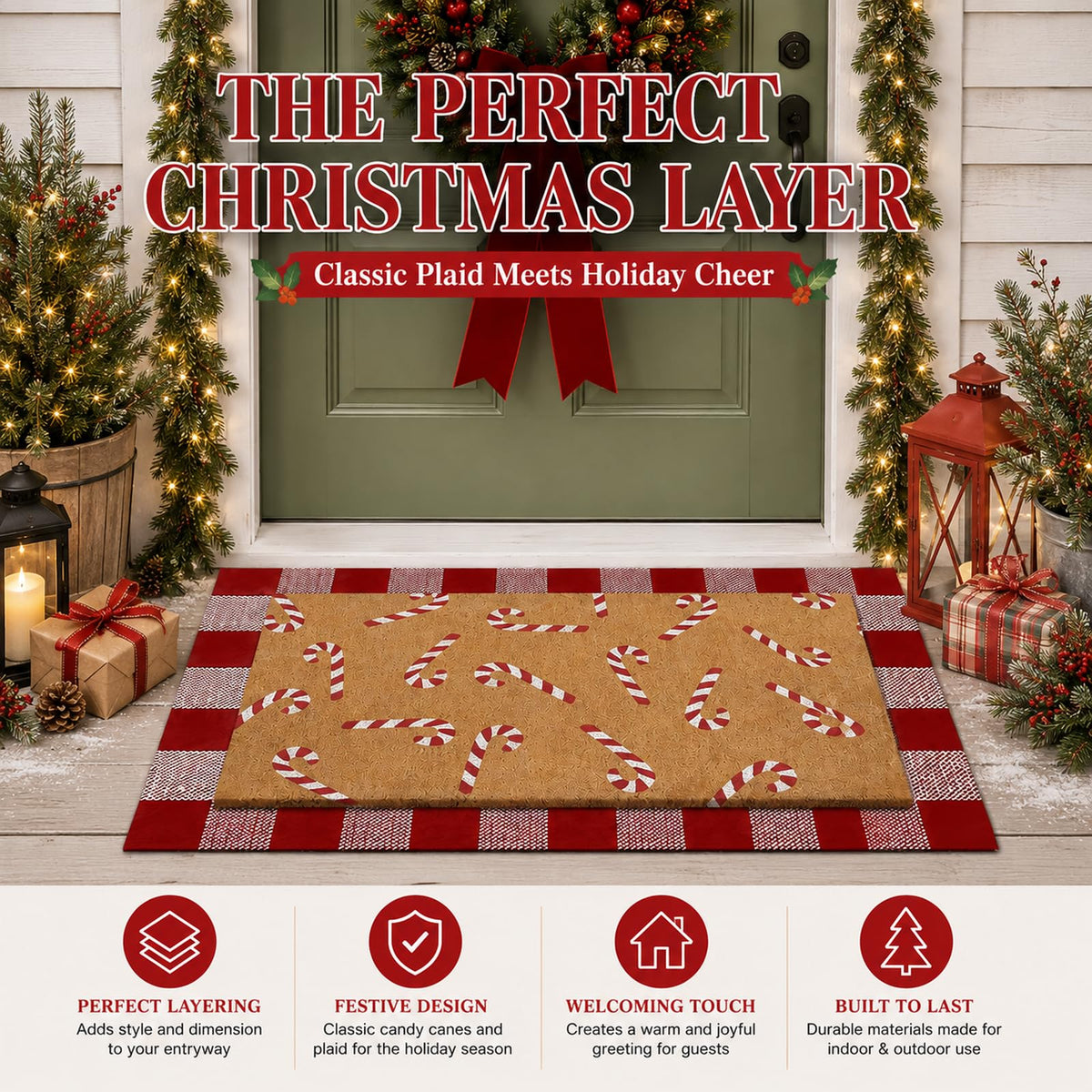 Drydiet Layered Doormat Set, Buffalo Plaid Candy Cane Design, Red and White