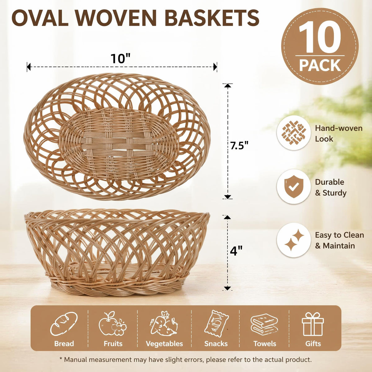 YIMITEE Plastic Oval Basket, 10 Inch by 7.5 Inch by 4 Inch, Natural, Set of 10