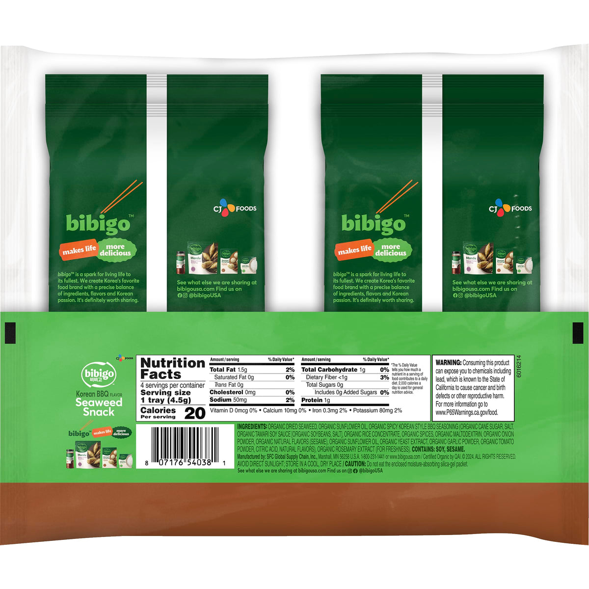 Organic Korean BBQ Flavored Seaweed Snacks by bibigo – 0.16 Ounce (Pack of 4), Pack of 4