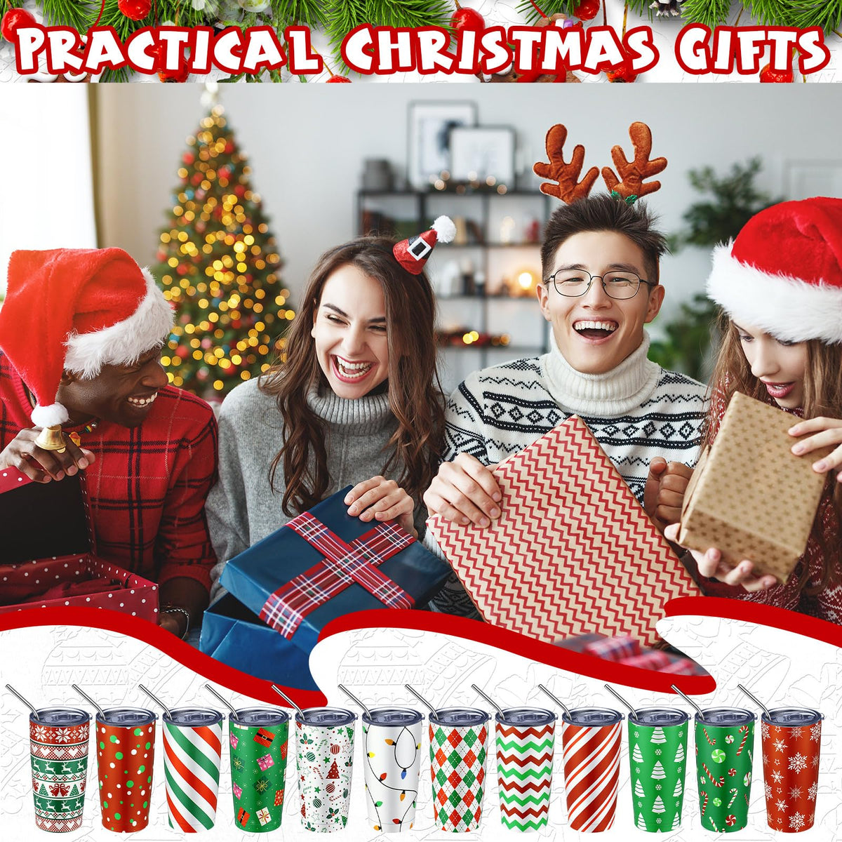 Lemosae Christmas Tumblers, 20oz Insulated Stainless Steel, Set of 12 Stripe Style