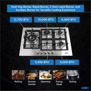 Summit , 30-Inch-Wide 5-Burner Gas Cooktop, Stainless Steel with Sealed Burners, Cast Iron Grates, NG/LPG Conversion Kit, Wok Ring, Flame Failure Protection, Easy to Clean, Cord