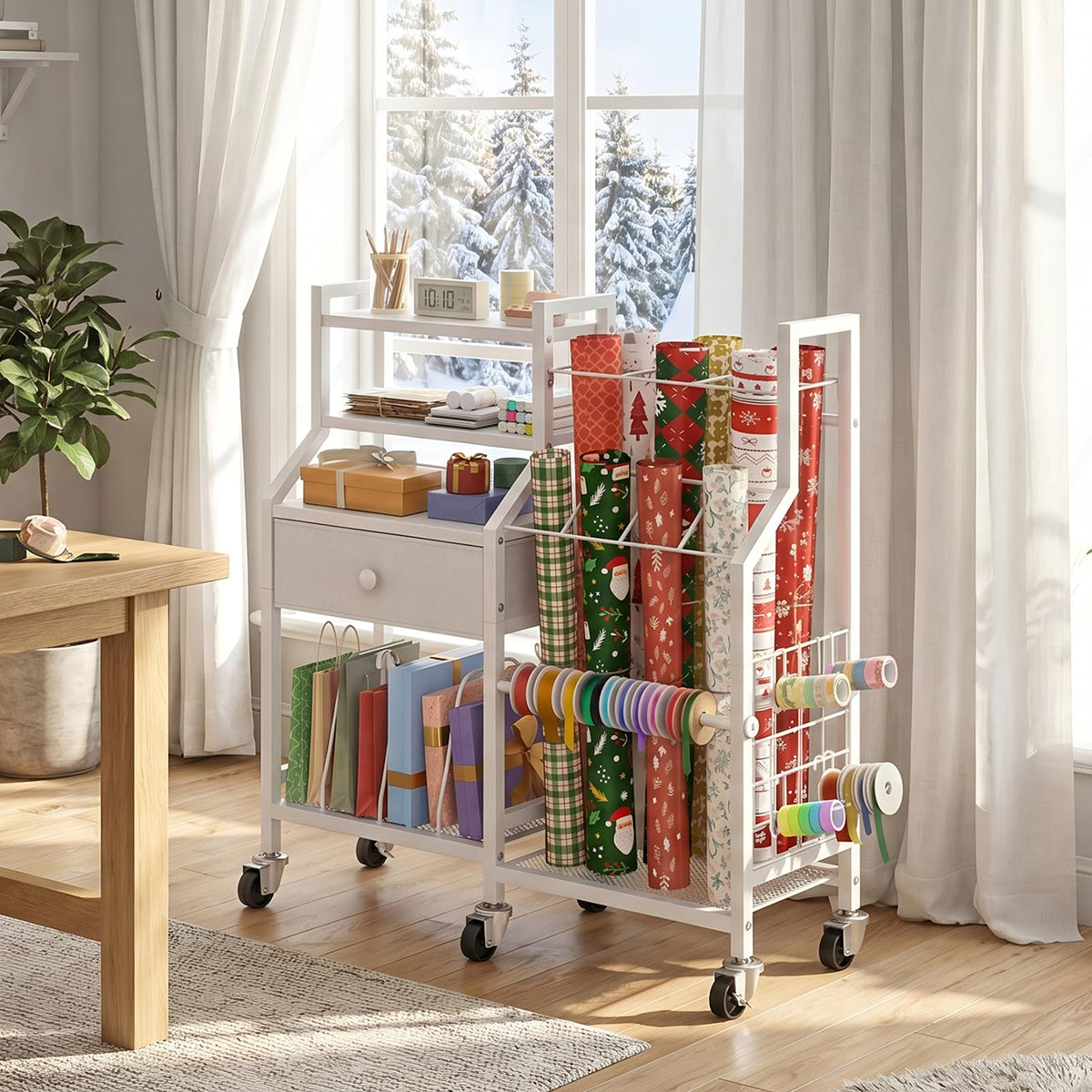 Hoobro Wrapping Paper Cart, Rolling Organizer with Drawer, White