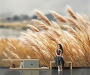 Wall Mural Lakeside Reeds Natural Lakeside Plants Print Wallpaper Panoramic Mural Wall Decor for Bathroom Living Room Bedroom TV Background Decor, 137.8" W x 100" H (Not Peel and Stick)