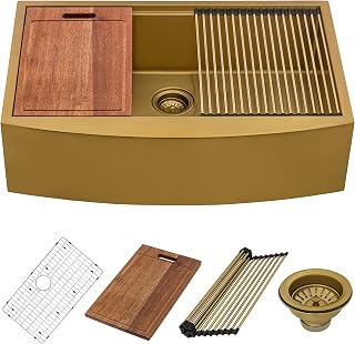 Ruvati 36-inch Matte Gold Workstation Apron-Front Brass Tone Stainless Steel Kitchen Sink - RVH9308GG