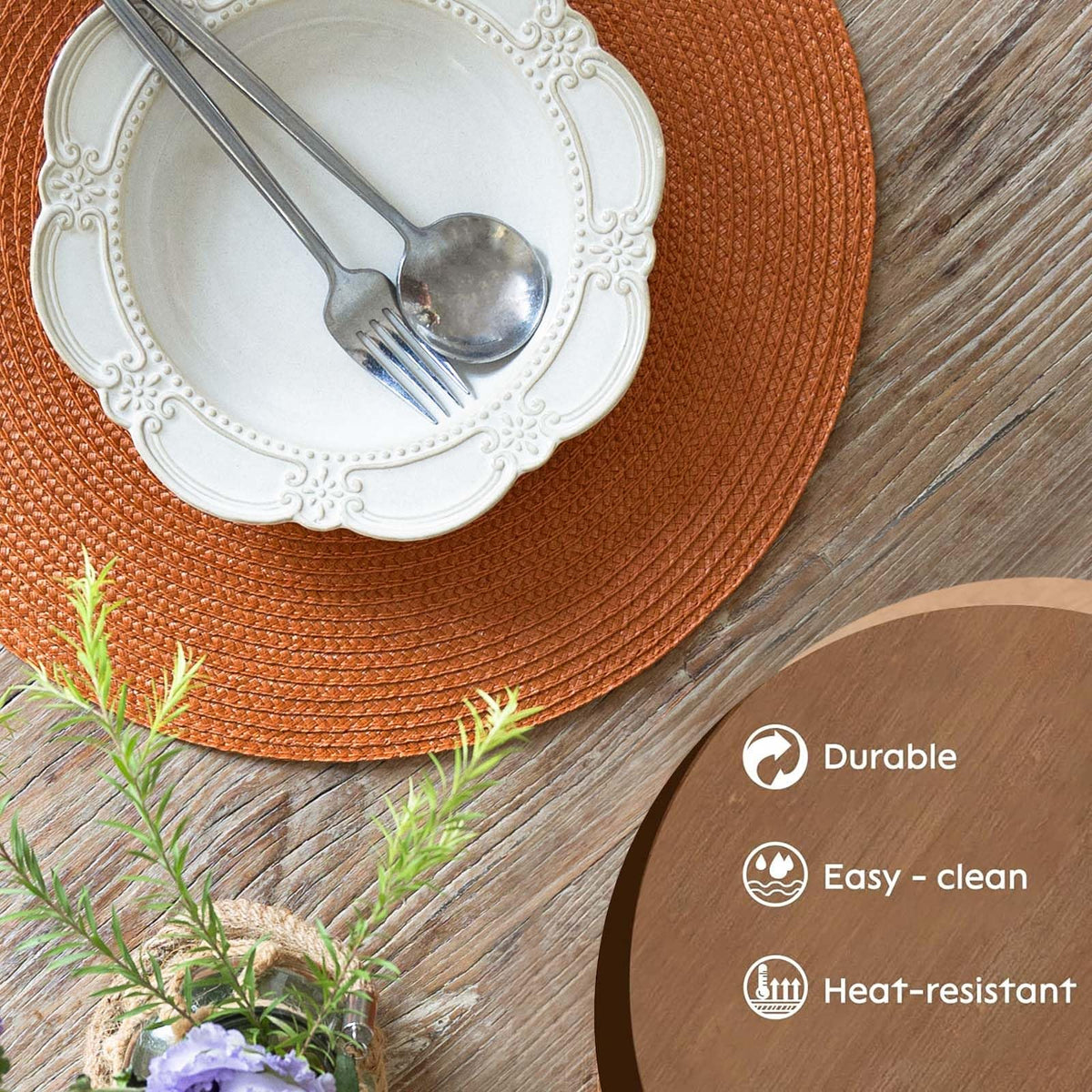 FunWheat Round Braided Placemats, 15 Inch Diameter, Set of 6, Pumpkin Orange