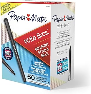 Paper Mate Ballpoint Pens, Write Bros. Black Ink Pens, Medium Point (1.0mm), 60 Count - Bulk Office Supplies
