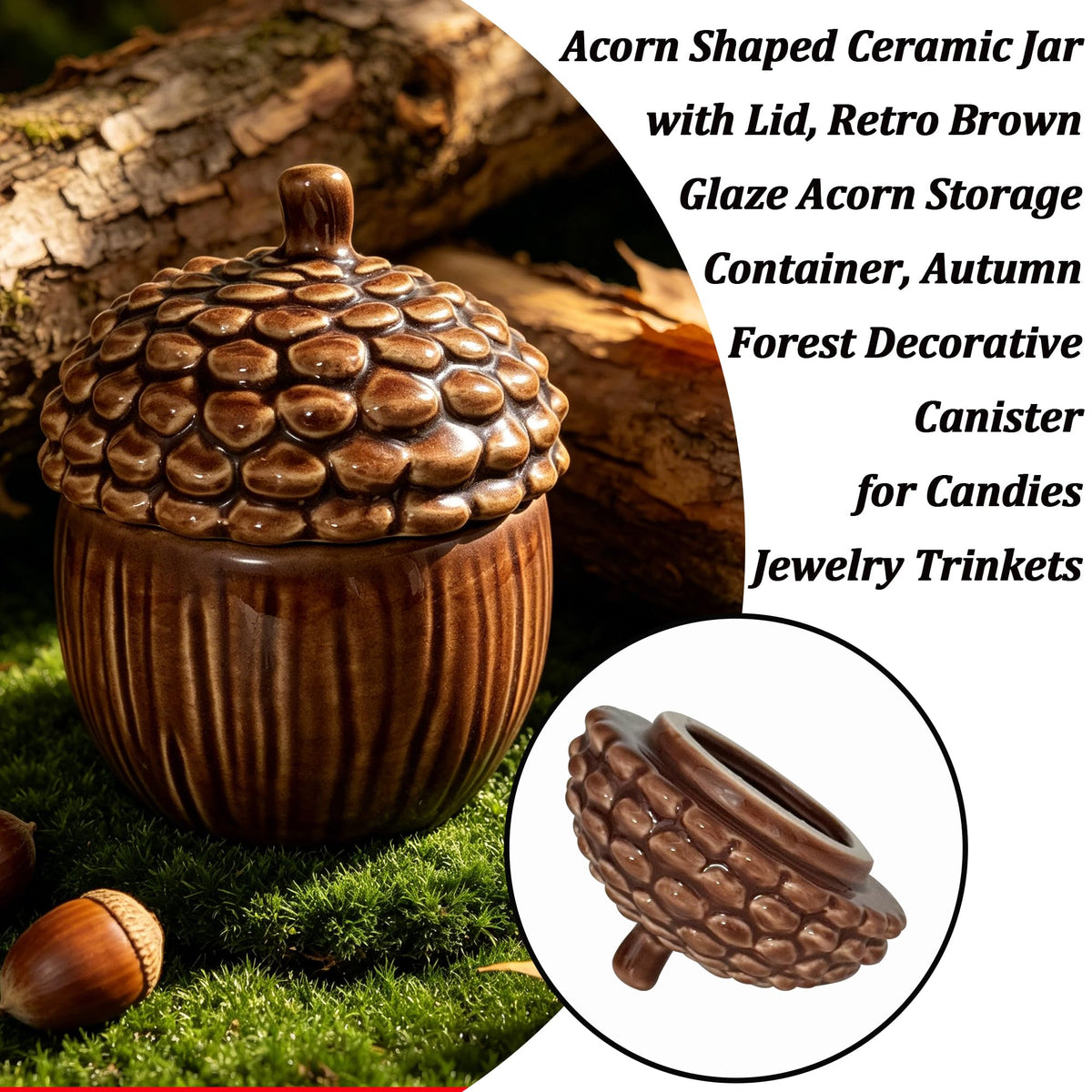 Lotikou Ceramic Acorn Jar, 1.9 Ounces, Brown