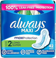 Always Maxi Feminine Pads with Wings for Women, Size 2, Long Super Absorbency, Unscented 42 Count
