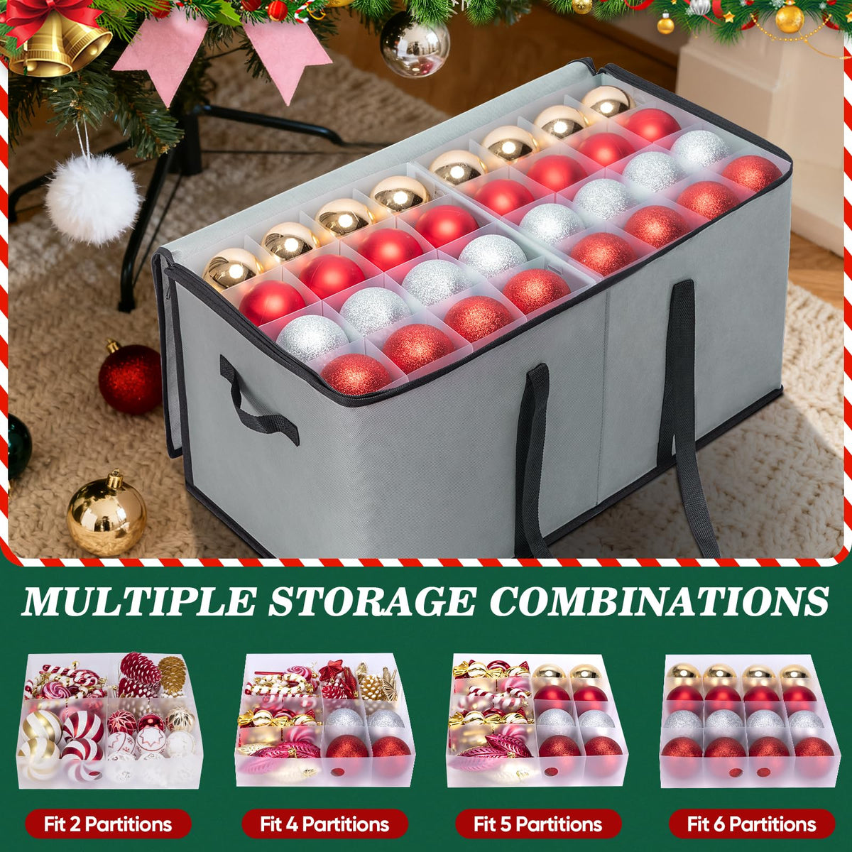 Baleine Ornament Storage Bin with Dividers, Holds 128 Balls, Grey Soft