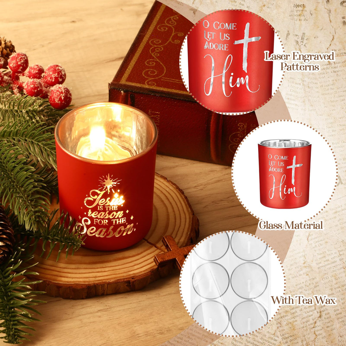 Mumufy Nativity Votive Candle Holders, Set of 6 with 10 Candles, Red Glass