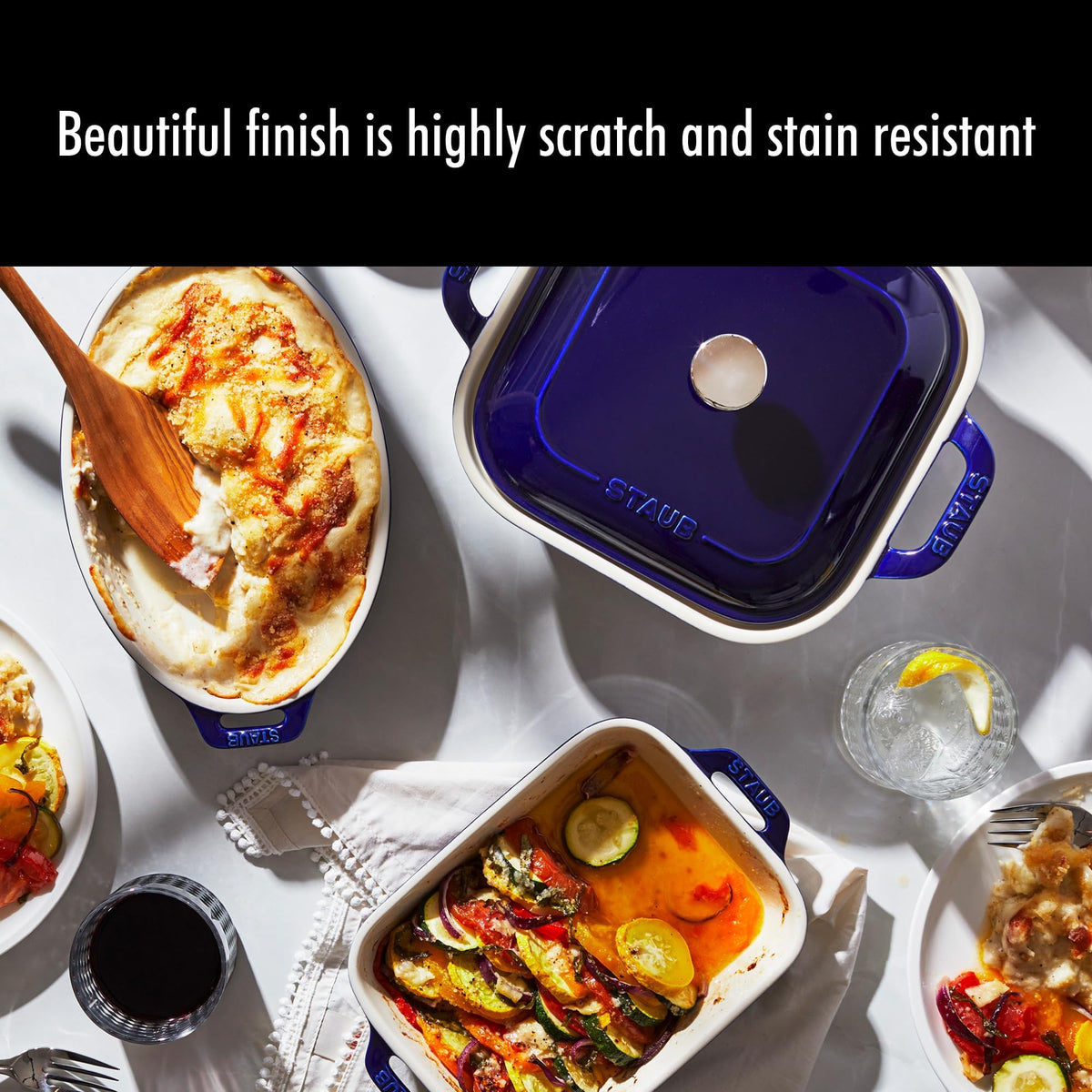 Ceramic 4-pc Baking Pans Set by STAUB – 4-pc, 3 quarts, Stoneware, Vitreous Glass Porcelain Enamel, Dark Blue, Pack of 4
