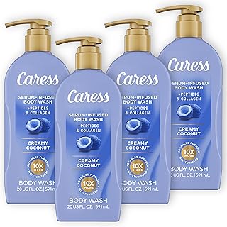 Caress Creamy Coconut Moisturizing Body Wash with Pump, Serum-Infused Formula with Peptides & Collagen, Fruity Tropical Long Lasting Fragrance, Dermatologist Tested, 20 fl oz (4 Pack)