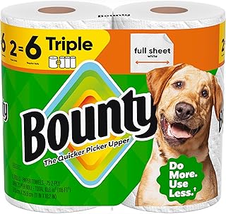 Bounty Full Sheet Paper Towels, White, 2 Triple Rolls = 6 Regular Rolls (Packaging May Vary)