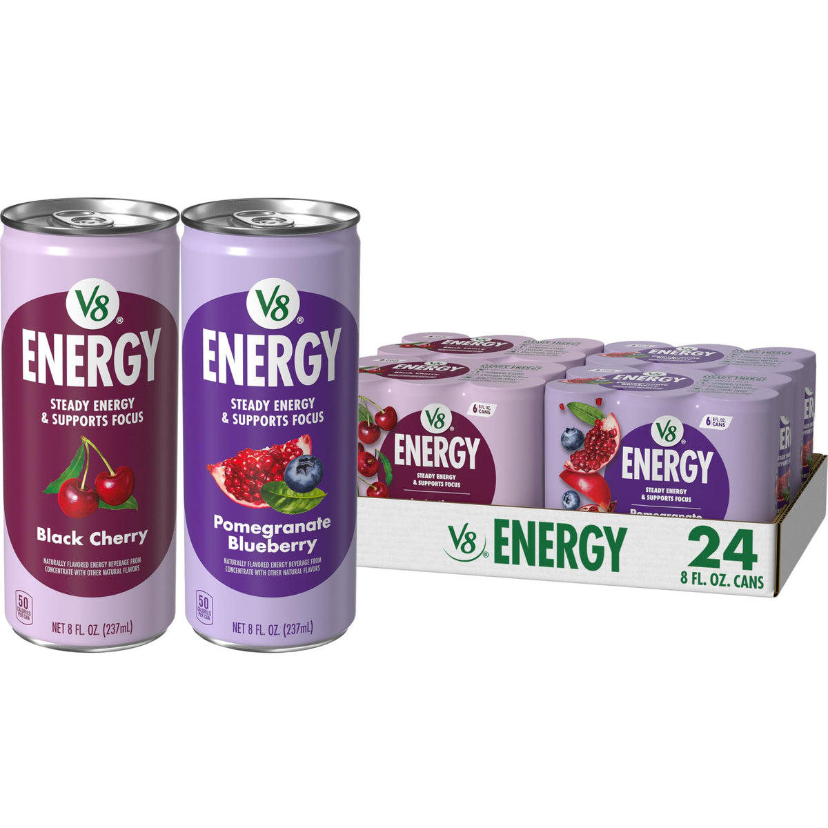 Energy Black Cherry and Pomegranate Blueberry Energy Drinks by V8 – Pack of 24 (8 Fl Oz), Variety Pack, Black Cherry & Pomegranate Blueberry, Model 200000027238