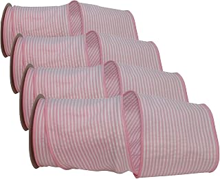 Reliant Ribbon Seersucker Stripe Wired Edge Ribbon, 4 Inch X 10 Yards, Pink (Pack of 4)